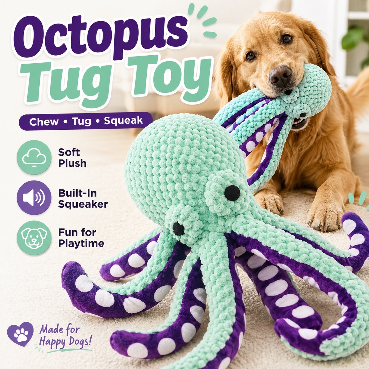 Plush Octopus Dog Toy – Squeaky Interactive Companion Toy for Dogs