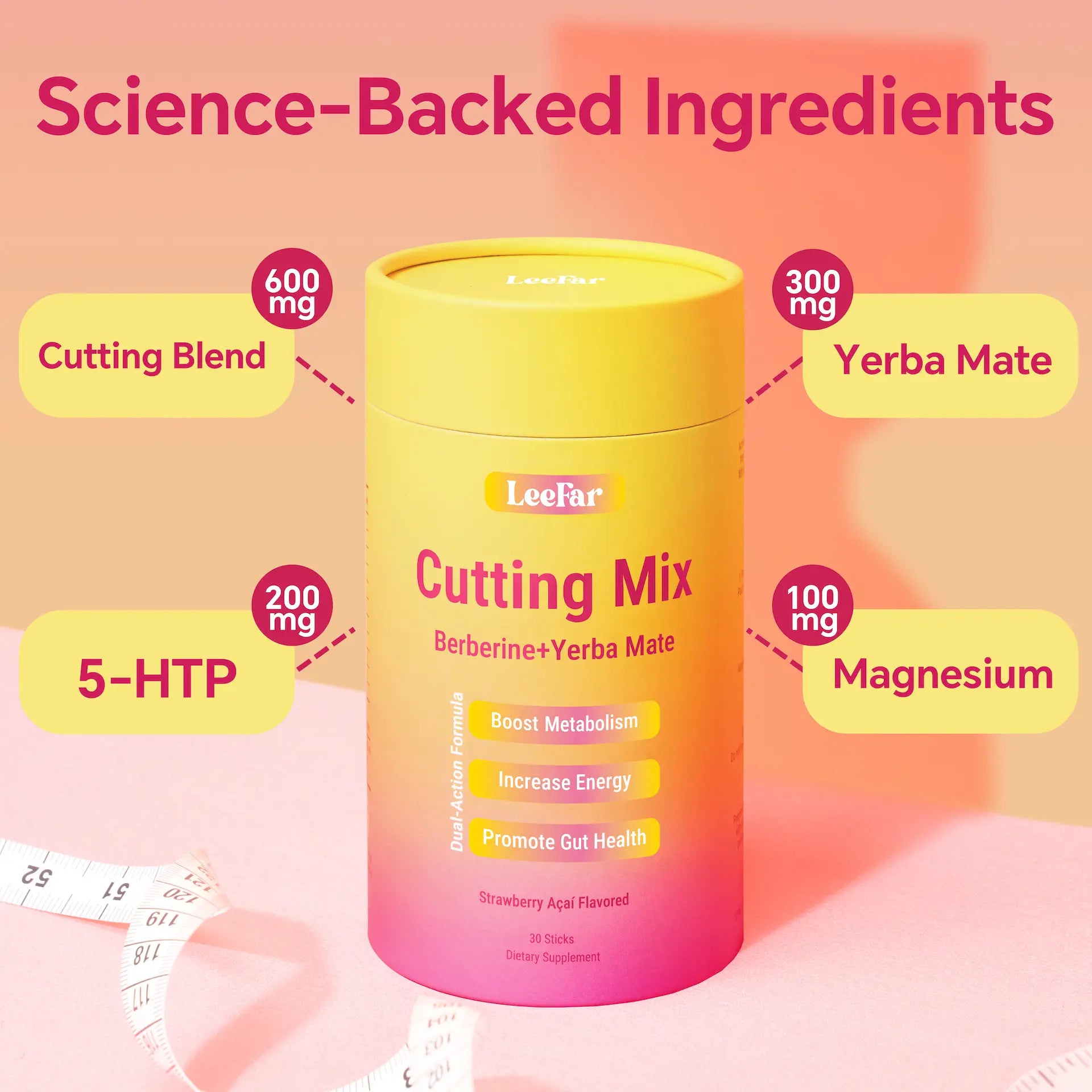 Leefar Cutting Drink Mix –| Strawberry Açaí Flavor – 30 Servings